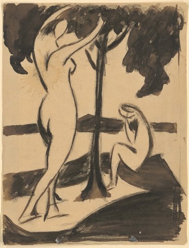 Two Female Nudes Under a Tree on the Lakeshore