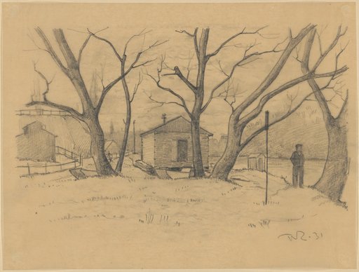 Winter Riverbank with Wooden Huts
