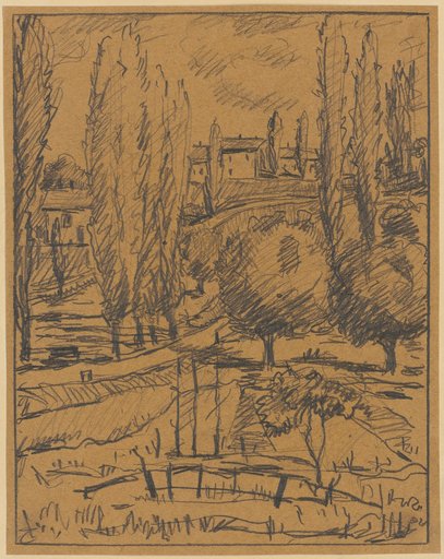 Landscape with Poplars, Rising Road, and Houses on the Slope