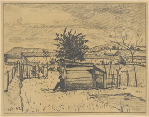 Fenced Garden with Shed and Seated Man