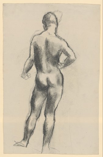 Standing Male Back Nude with Left Arm Extended, Right Hand on Hip
