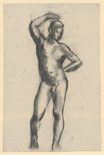 Standing Male Nude with Right Arm Raised, Left Hand on Hip