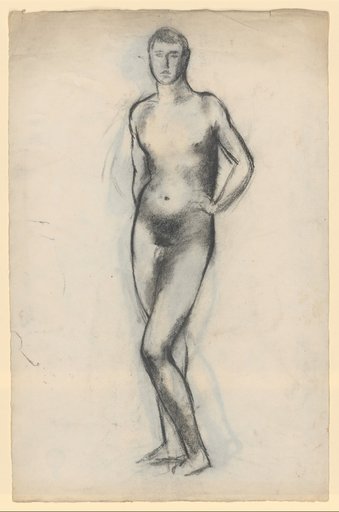 Standing Male Nude with Left Leg in Playful Position and Left Hand on Hip