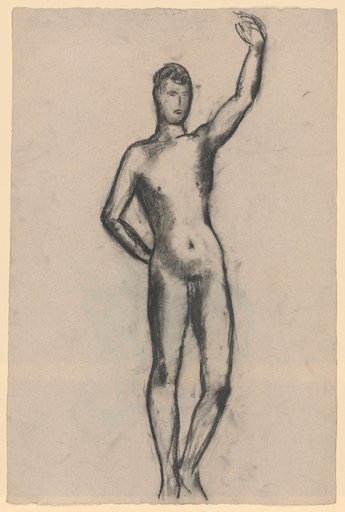 Standing male nude with raised left hand, right hand placed on back