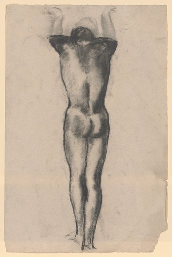 Standing nude, back view, head lowered onto supported arms