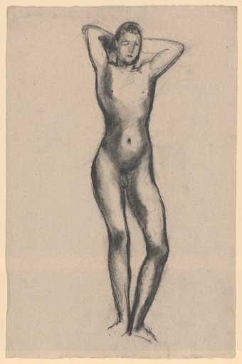 Standing male nude with hands interlaced behind head