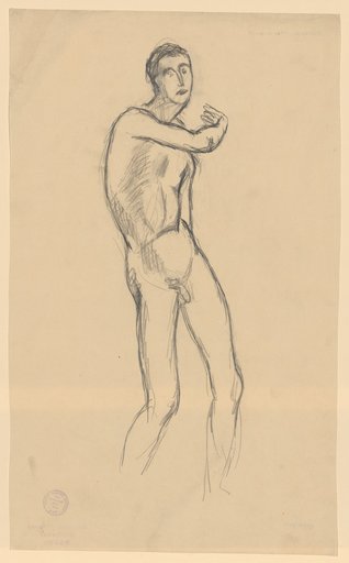 Dynamic male nude with right elbow extended forward