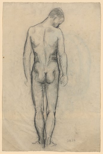 Standing male nude, back view, looking down to the right