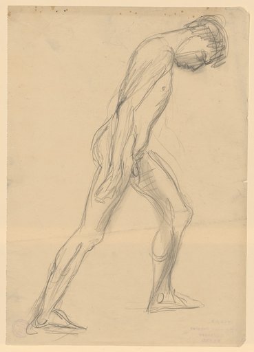 Striding male nude moving upward to the right