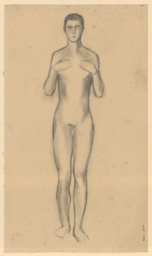 Standing male nude with hands placed on chest