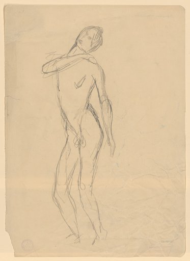 Dynamic male nude with right hand on left shoulder