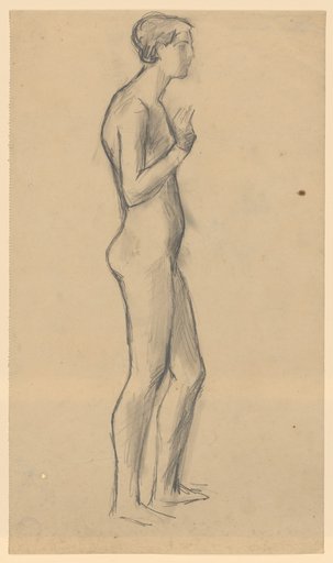 Standing female nude with raised right forearm, in profile facing right