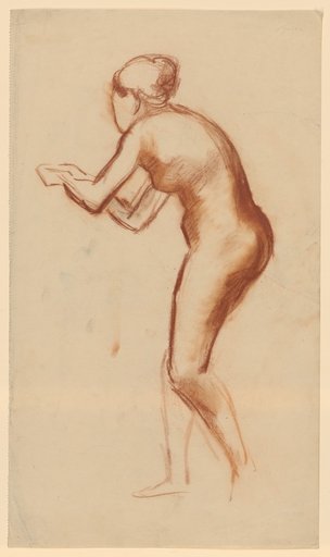 Leaning female nude striding to the left, holding an object in her hands