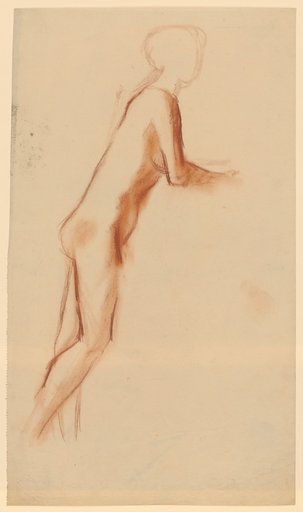 Leaning standing girl nude with arms resting on surface