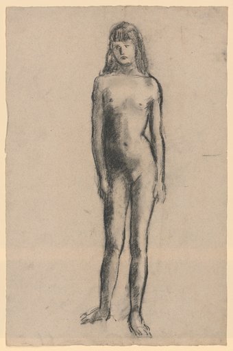 Standing girl nude with shoulder-length hair