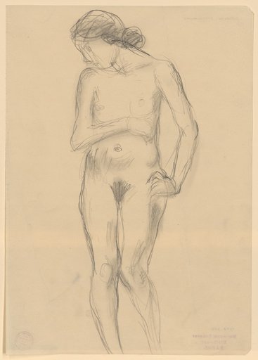 Standing female nude with right arm placed over abdomen, left hand on hip