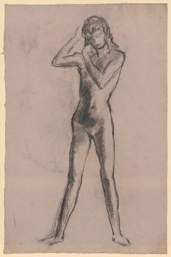 Standing girl nude in wide stance, hands in hair