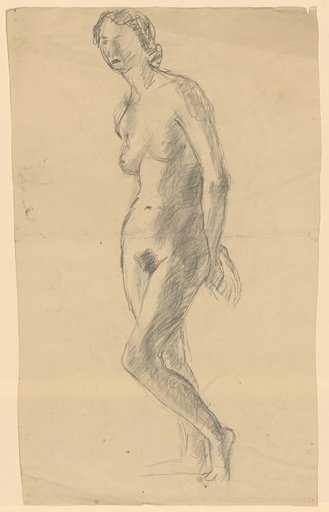 Standing female nude with left leg relaxed, hands on back