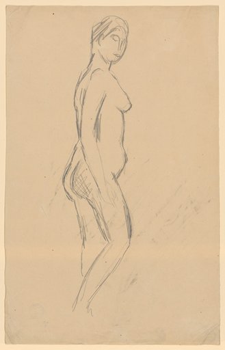 Standing female nude in side view