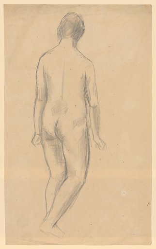 Striding female nude, back view
