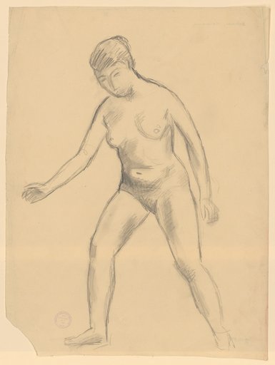 Female nude striding widely to the front left