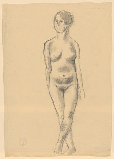 Standing female nude with crossed legs