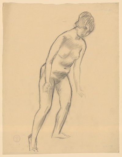 Female nude in walking stance with hanging arms