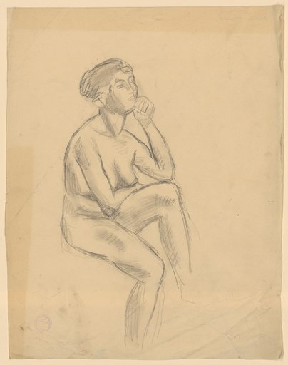 Seated female nude with left foot and chin resting on support