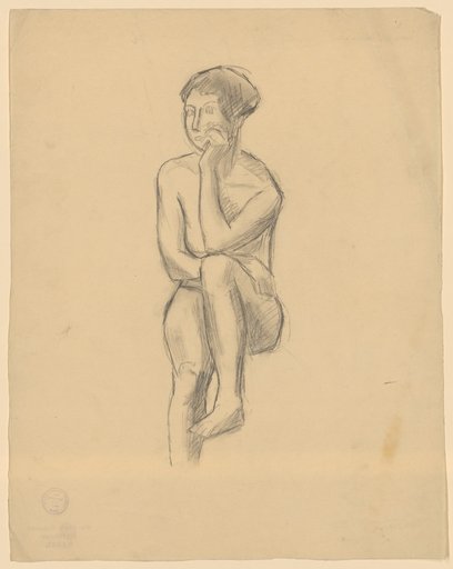 Seated female nude with left foot and chin resting on support