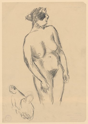 Standing female nude facing right and half-figure group