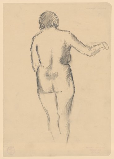 Female nude seen from the back with head lowered and right arm extended