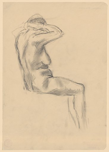 Seated female nude facing right, hands behind the neck