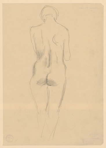 Standing female nude seen from the back with head lowered