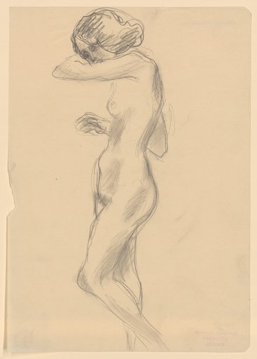 Standing female nude facing left, head in the crook of the left arm