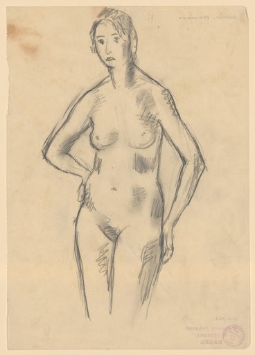 Standing female nude with right hand on hip