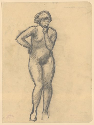 Standing female nude with right hand on support and left hand at mouth