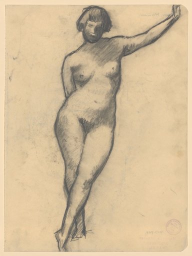 Leaning standing nude girl with raised left arm, right hand on back