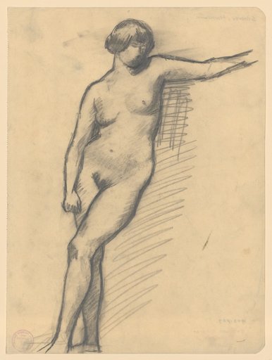 Leaning standing female nude with extended left arm and crossed legs