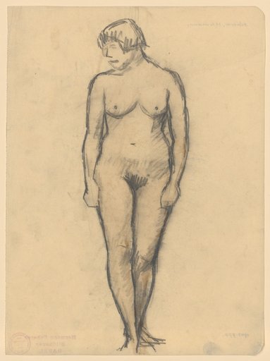 Standing female nude with hanging arms, face to the left