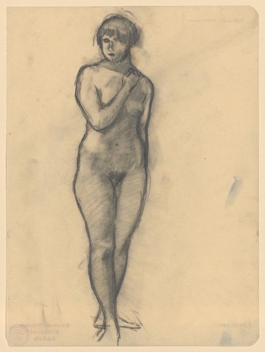 Standing female nude with right hand on left shoulder, right foot slightly advanced