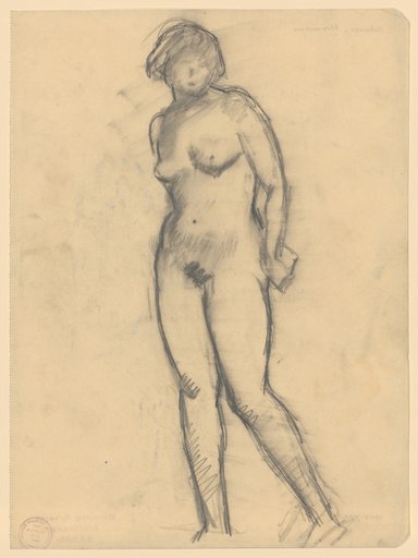 Standing female nude looking over left shoulder