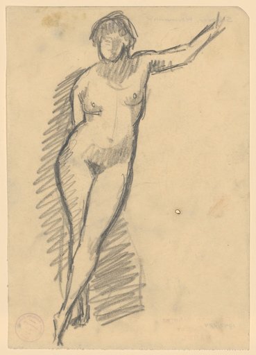 Leaning standing female nude with crossed legs, right arm on back, left arm raised
