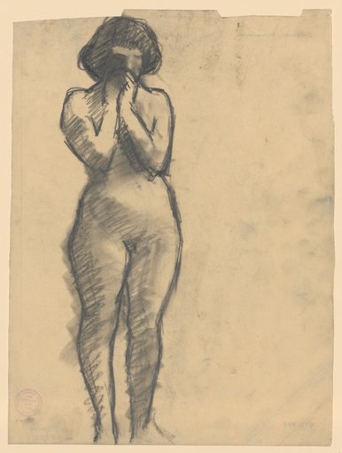 Standing female nude with both hands before the face