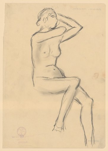 Seated female nude with raised, bent arms