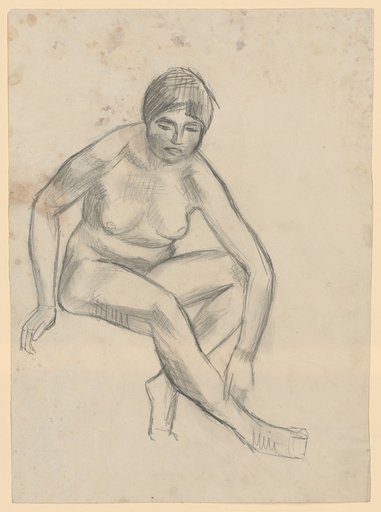 Seated female nude with left hand on right lower leg