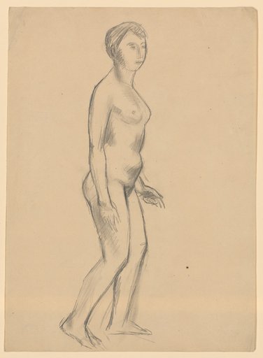 Striding female nude facing right