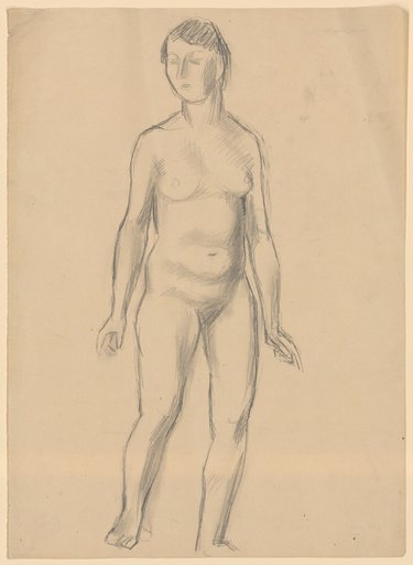 Striding female nude facing right