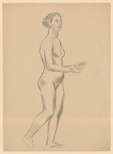 Striding female nude facing right