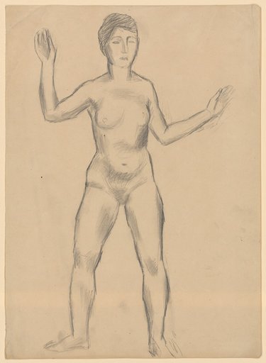 Standing female nude with raised hands and spread legs