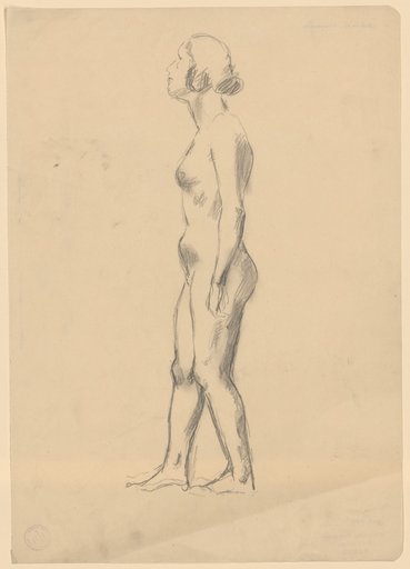 Striding female nude facing left